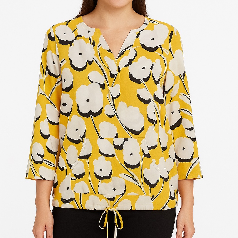 Chaus Yellow Floral Drawstring Hem Blouse 3/4 Sleeve Pocket Top Size M